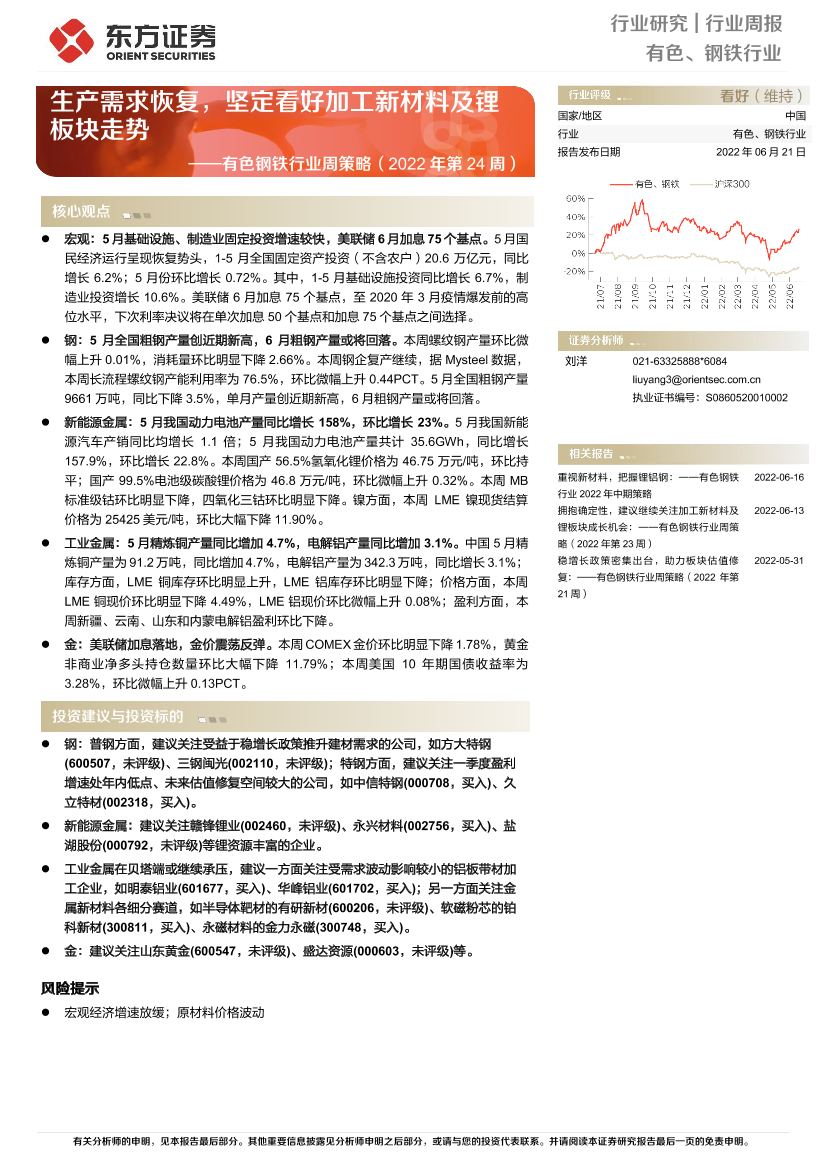 有色钢铁行业周策略（2022年第24周）：生产需求恢复，坚定看好加工新材料及锂板块走势-20220621-东方证券-37页有色钢铁行业周策略（2022年第24周）：生产需求恢复，坚定看好加工新材料及锂板块走势-20220621-东方证券-37页_1.png