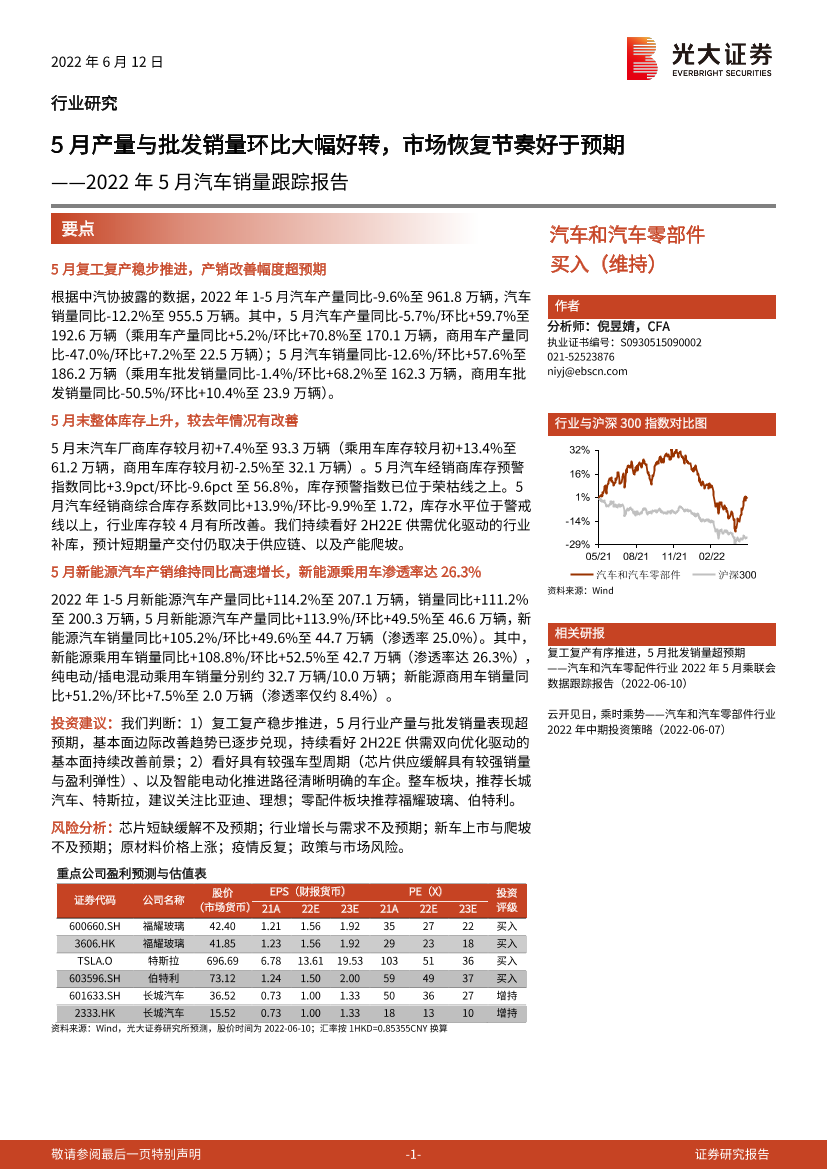 汽车和汽车零部件行业2022年5月汽车销量跟踪报告：5月产量与批发销量环比大幅好转，市场恢复节奏好于预期-20220612-光大证券-15页汽车和汽车零部件行业2022年5月汽车销量跟踪报告：5月产量与批发销量环比大幅好转，市场恢复节奏好于预期-20220612-光大证券-15页_1.png