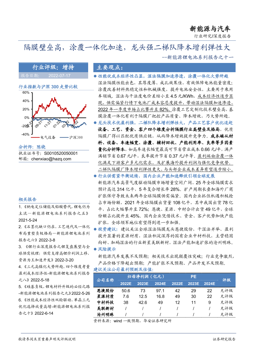 新能源与汽车行业新能源锂电池系列报告之十一：隔膜壁垒高，涂覆一体化加速，龙头强二梯队降本增利弹性大-20220717-华安证券-33页新能源与汽车行业新能源锂电池系列报告之十一：隔膜壁垒高，涂覆一体化加速，龙头强二梯队降本增利弹性大-20220717-华安证券-33页_1.png