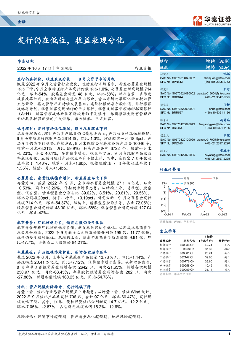 金融行业月报：发行仍在低位，收益表现分化-20221017-华泰证券-21页金融行业月报：发行仍在低位，收益表现分化-20221017-华泰证券-21页_1.png