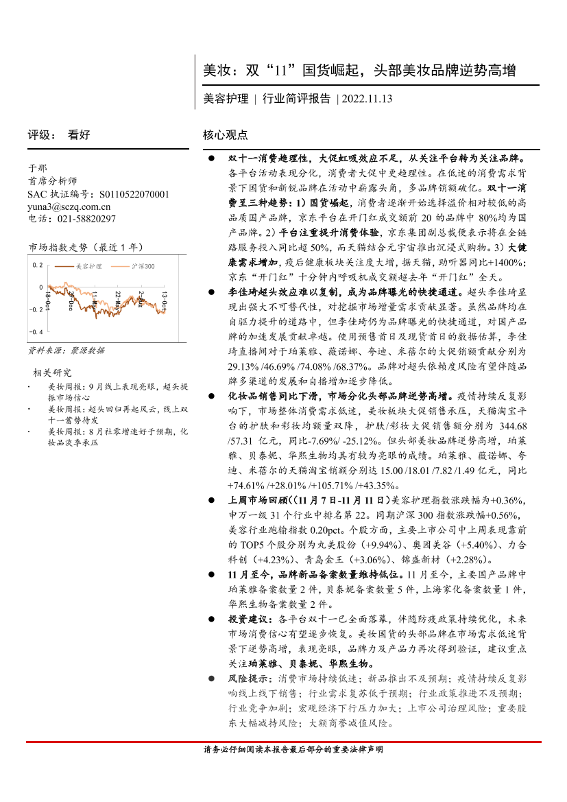 美容护理行业简评报告：美妆，双“11”国货崛起，头部美妆品牌逆势高增-20221113-首创证券-20页美容护理行业简评报告：美妆，双“11”国货崛起，头部美妆品牌逆势高增-20221113-首创证券-20页_1.png