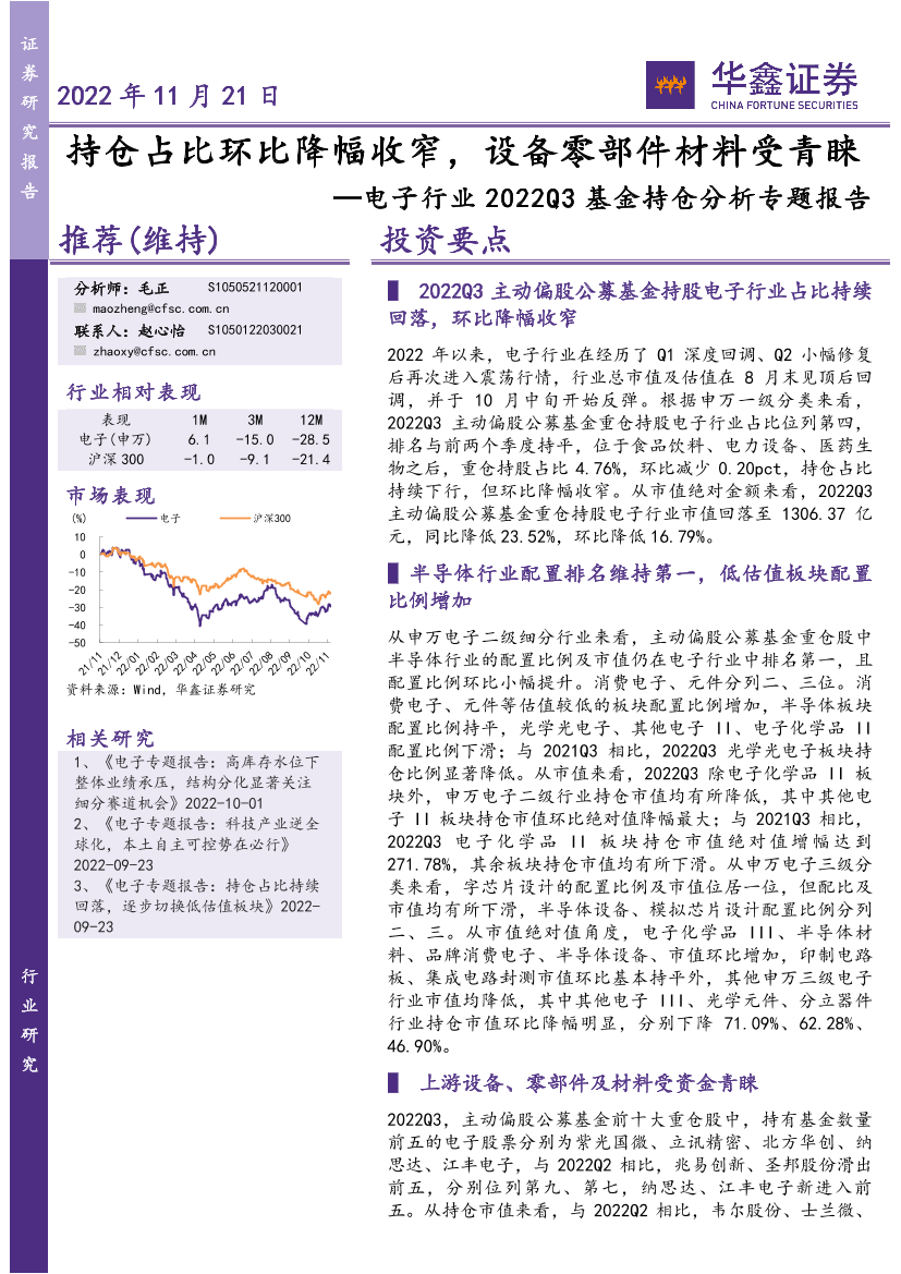 电子行业2022Q3基金持仓分析专题报告：持仓占比环比降幅收窄，设备零部件材料受青睐-20221121-华鑫证券-21页电子行业2022Q3基金持仓分析专题报告：持仓占比环比降幅收窄，设备零部件材料受青睐-20221121-华鑫证券-21页_1.png