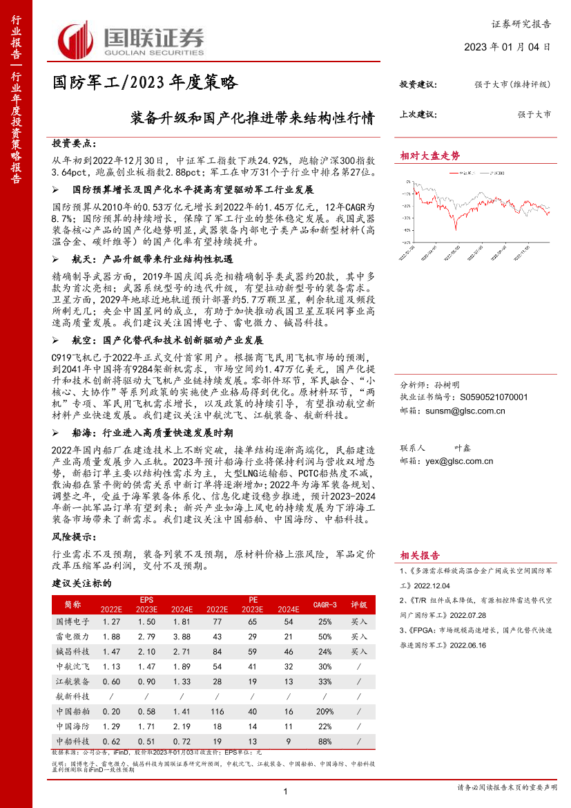 国防军工行业2023年度策略：装备升级和国产化推进带来结构性行情-20230104-国联证券-44页国防军工行业2023年度策略：装备升级和国产化推进带来结构性行情-20230104-国联证券-44页_1.png