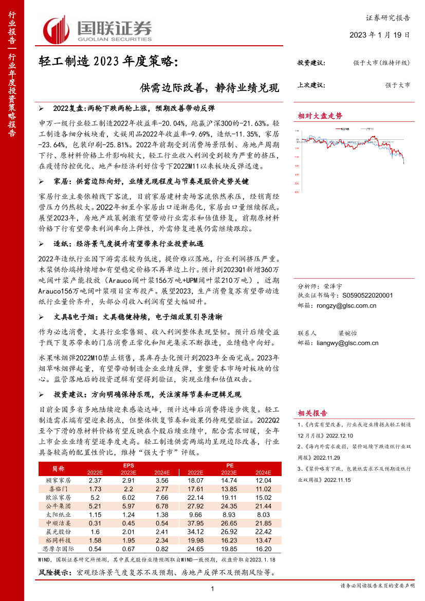 轻工制造行业2023年度策略：供需边际改善，静待业绩兑现-20230119-国联证券-24页轻工制造行业2023年度策略：供需边际改善，静待业绩兑现-20230119-国联证券-24页_1.png
