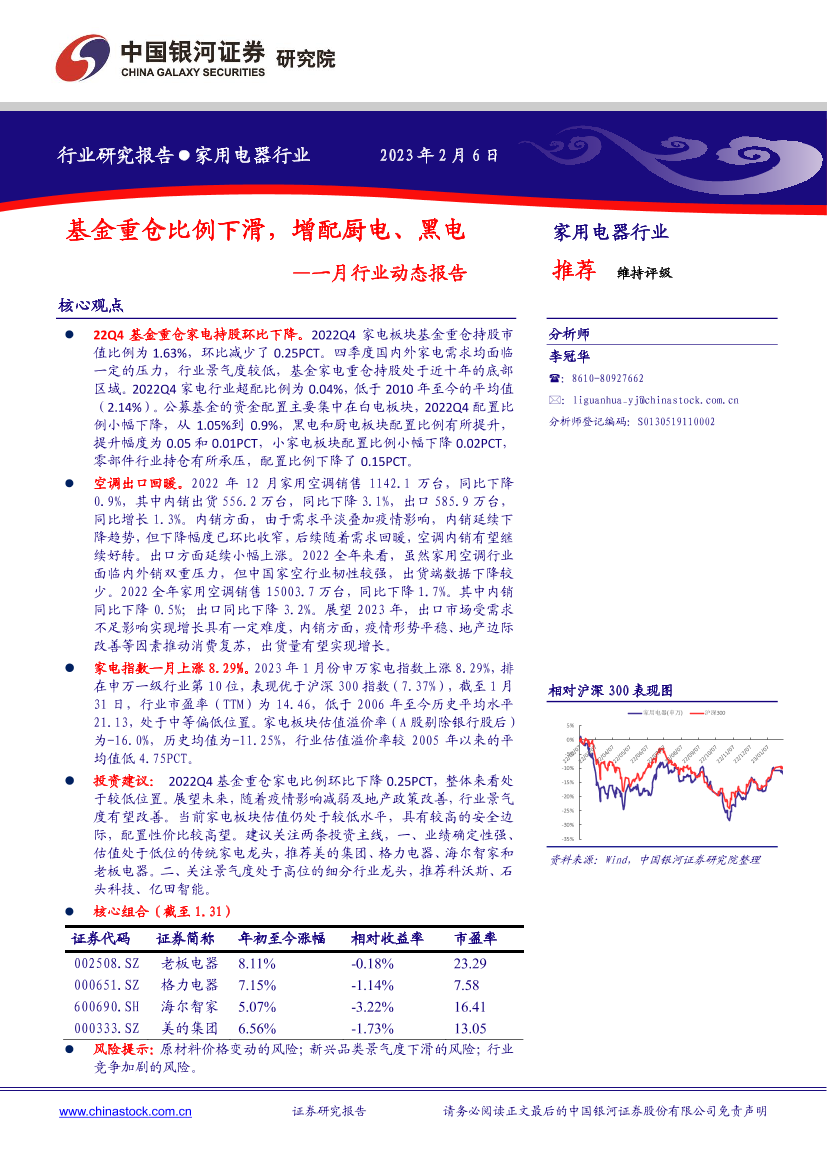 家用电器行业一月行业动态报告：基金重仓比例下滑，增配厨电、黑电-20230206-银河证券-22页家用电器行业一月行业动态报告：基金重仓比例下滑，增配厨电、黑电-20230206-银河证券-22页_1.png