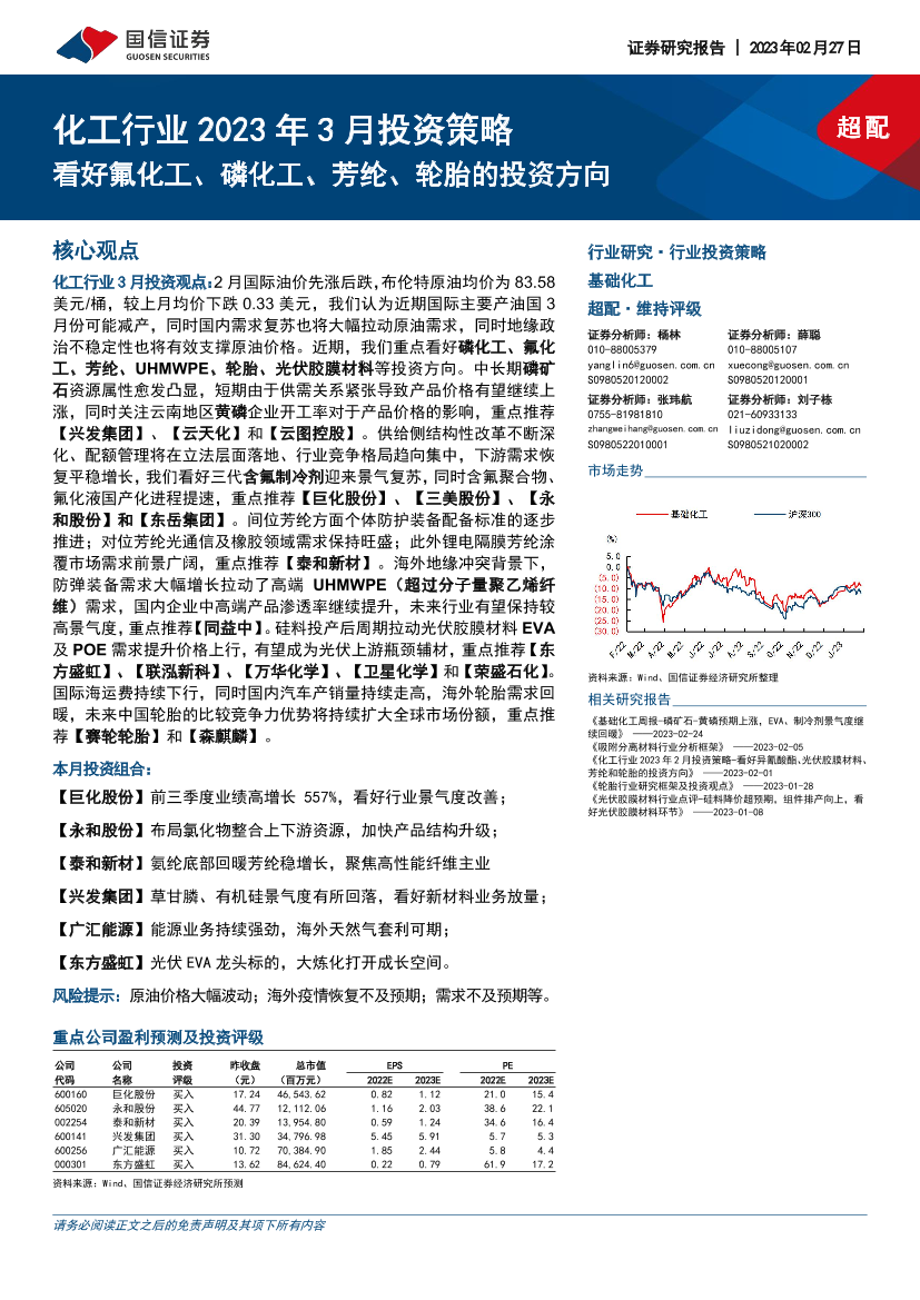 化工行业2023年3月投资策略：看好氟化工、磷化工、芳纶、轮胎的投资方向-20230227-国信证券-22页化工行业2023年3月投资策略：看好氟化工、磷化工、芳纶、轮胎的投资方向-20230227-国信证券-22页_1.png