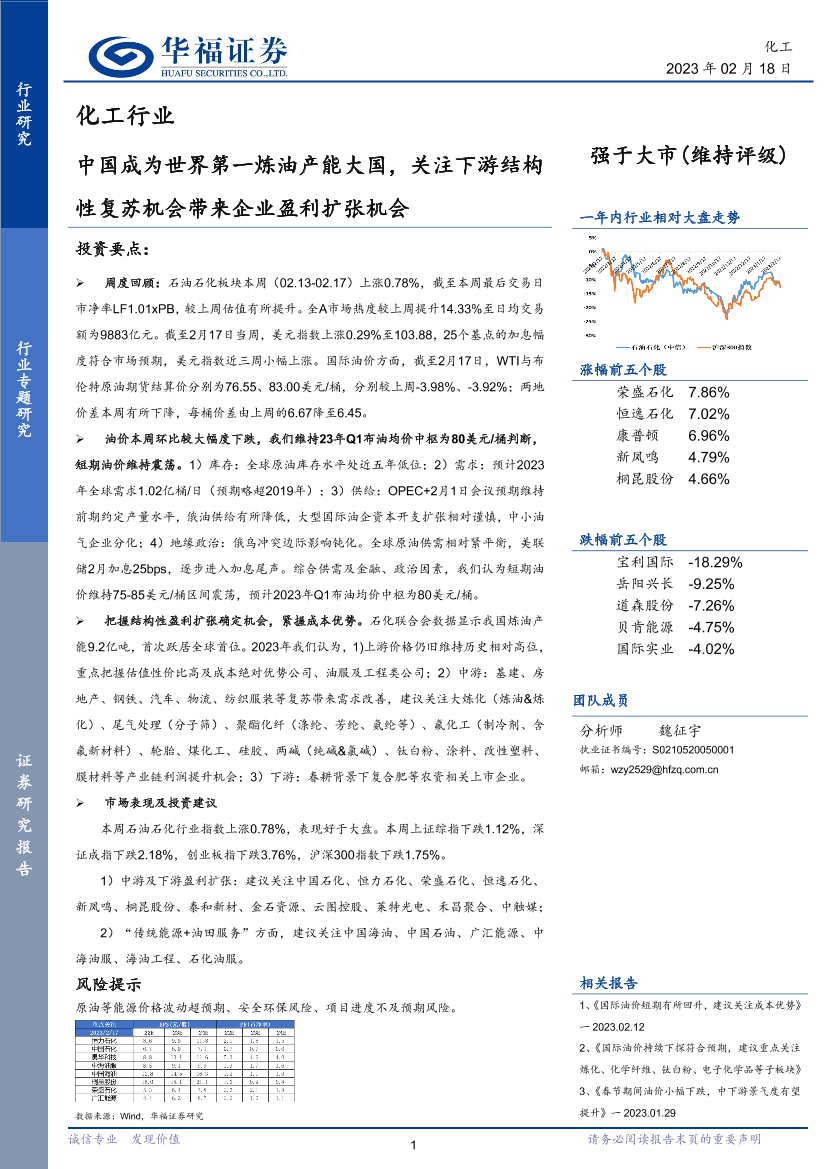 化工行业：中国成为世界第一炼油产能大国，关注下游结构性复苏机会带来企业盈利扩张机会-20230218-华福证券-21页化工行业：中国成为世界第一炼油产能大国，关注下游结构性复苏机会带来企业盈利扩张机会-20230218-华福证券-21页_1.png