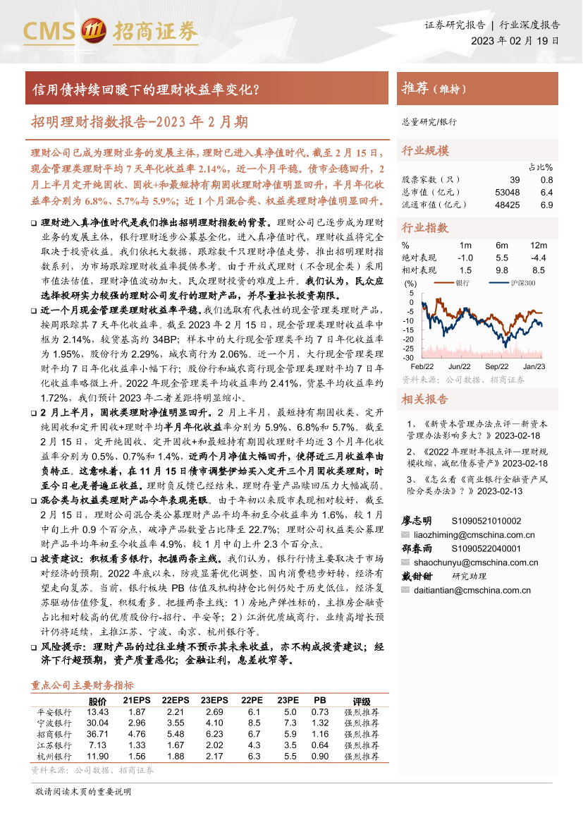 银行业招明理财指数报告_2023年2月期：信用债持续回暖下的理财收益率变化？-20230219-招商证券-20页银行业招明理财指数报告_2023年2月期：信用债持续回暖下的理财收益率变化？-20230219-招商证券-20页_1.png