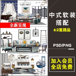 室内设计新中式风格禅意软装搭配方案PSD分层透明PNG配图ps...