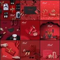 中国红美妆专题礼品包装电商活动海报广告PSD模版PS设计素...