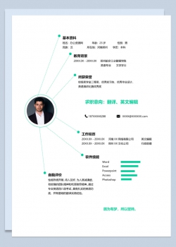 绿色简约风格英文编辑岗位个人求职简历Word模板
