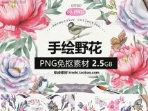 复古文艺森系水彩素描手绘野花花卉绿叶花鸟蝴蝶 PNG免抠...